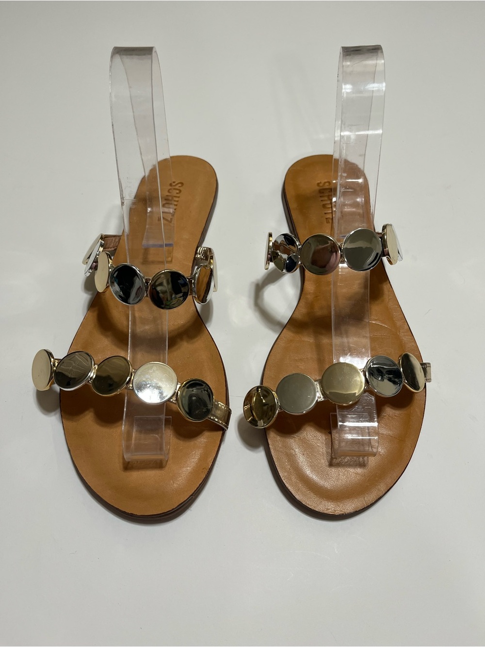 SCHUTZ Tan Sandals with Gold Mirror Discs